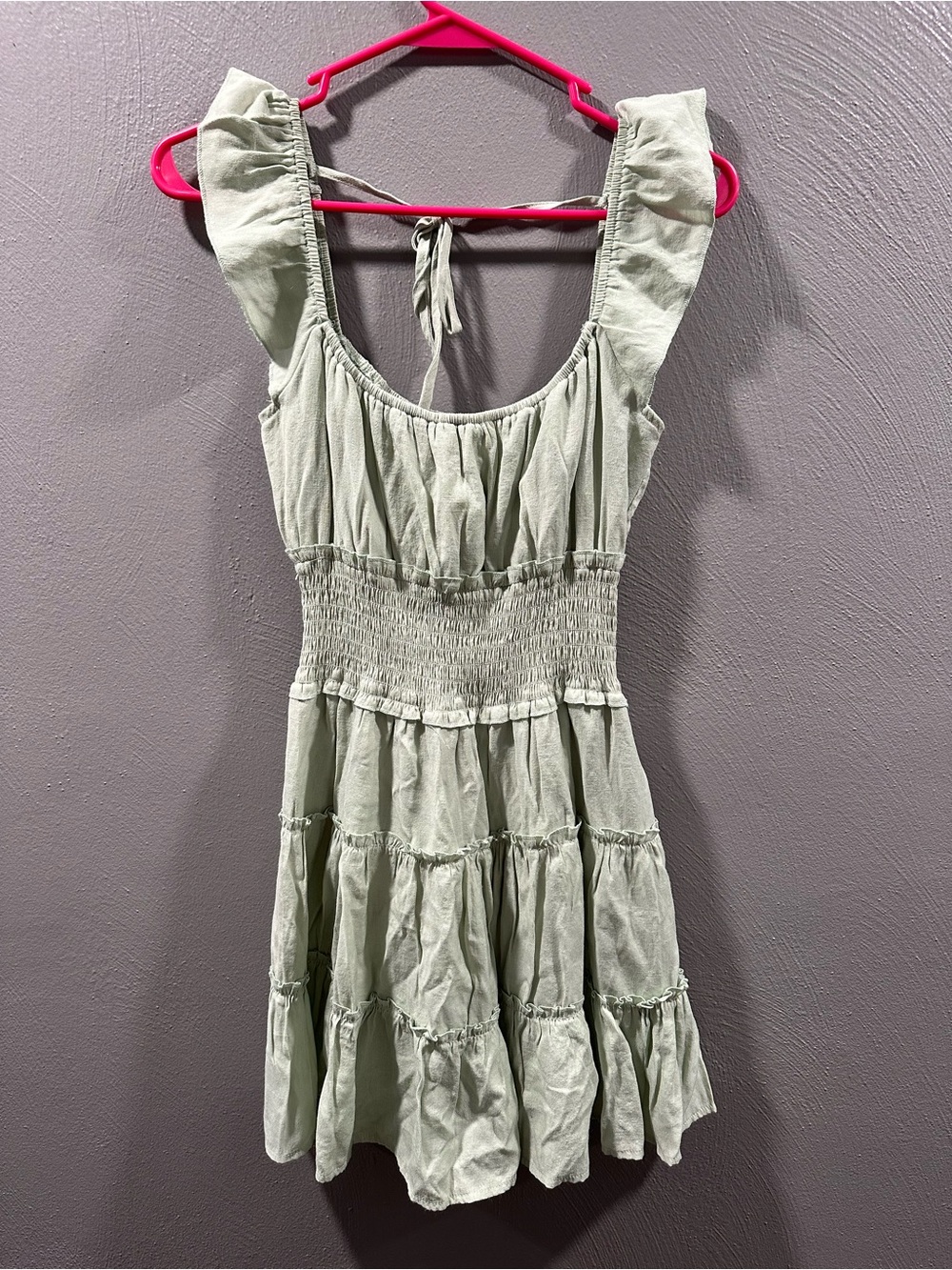 Trixxi Sage Green Smocked Tiered Mini Dress